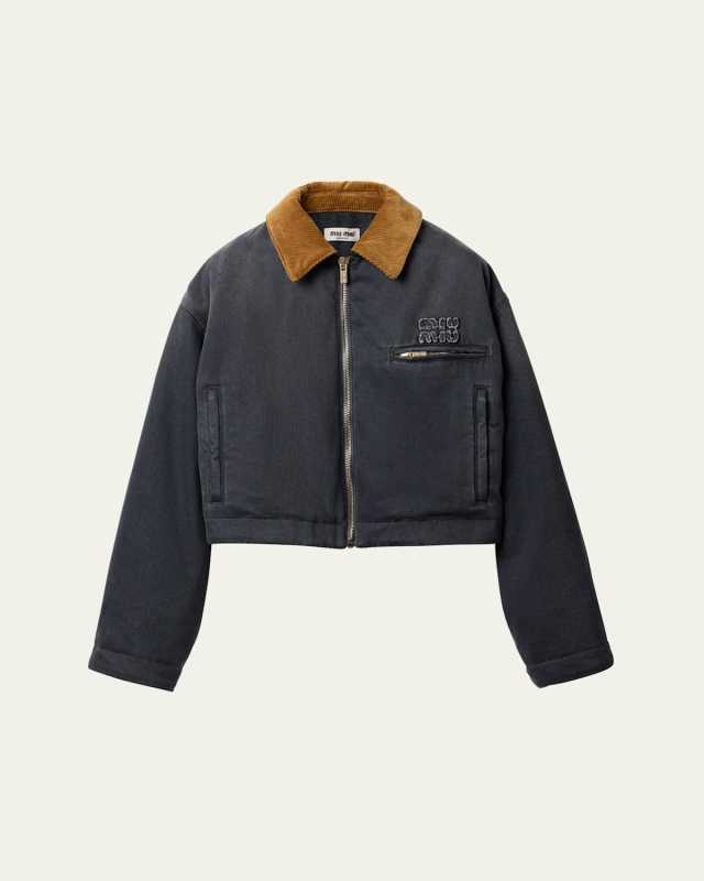Drill Cropped Velvet Collar Zip Up Jacket